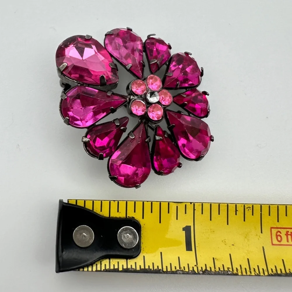 Vintage Pink Rhinestone Flower Brooch Pin Black Tone Metal Costume Jewelry
